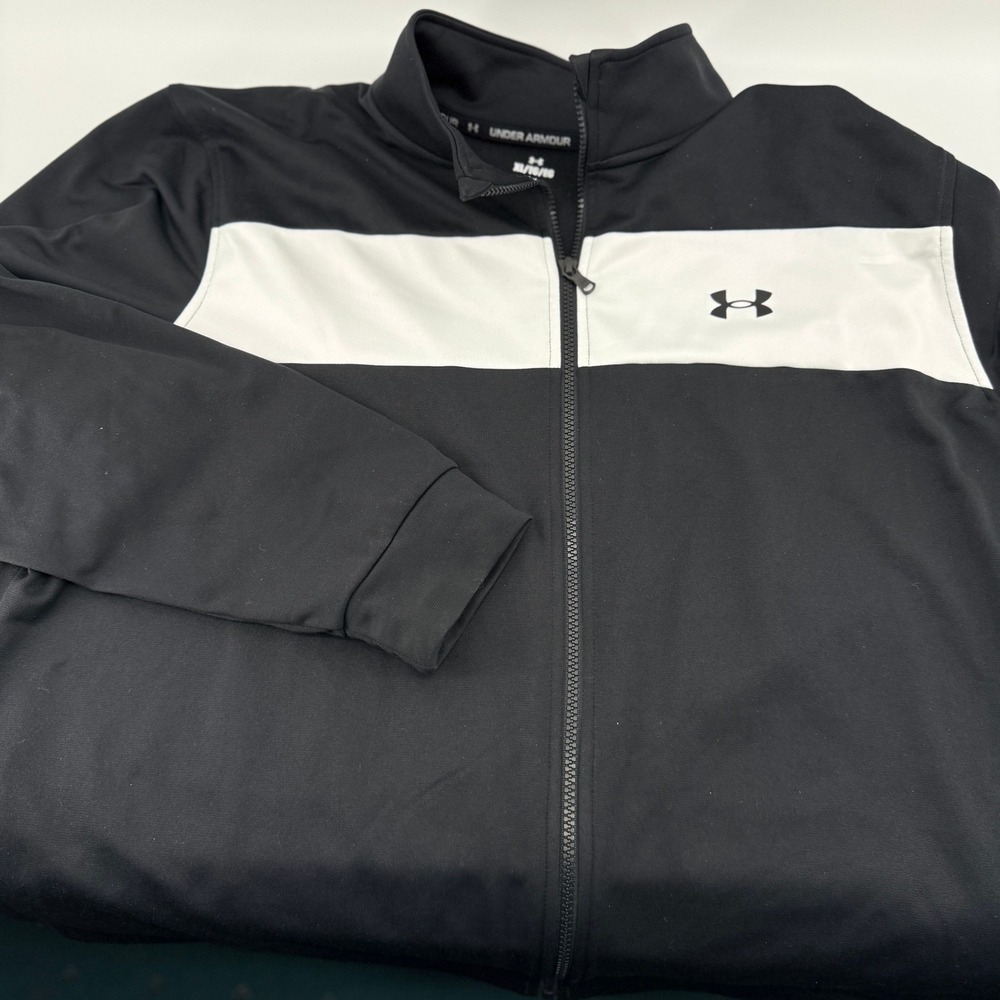 Under Armour Full Zip Track Jacket Men XL Black White Stripe Loose Fit Polyester
